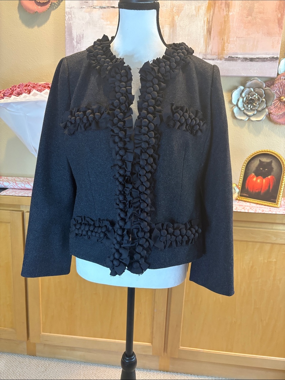 J. Crew Black Cropped Blazer with Floral Appliqué Trim